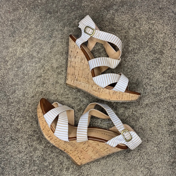 Chinese Laundry Shoes - White and nude striped wedges